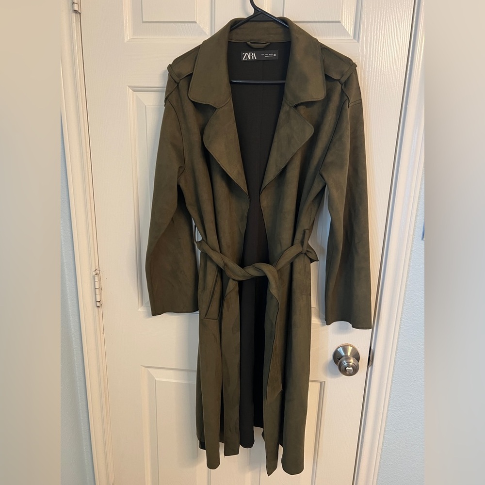 Zara Olive Green Faux Suede Trench Coat - Belted Women’s Coat